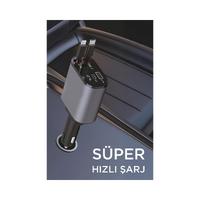 Torima G16 120W Süper Hızlı Şarjlı Transmitter Araç Şarj Cihazı – Çift Type-C & Lightning Kablo, Dijital Göstergeli, 80CM Kablo