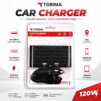 Torima G21 Araç İçi Çakmak Çoklayıcı 120W, 4 Çakmak Soketi, Type-C & USB