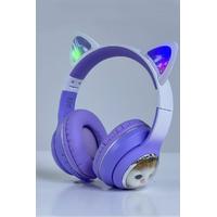 Torima HD11 Mor Sevimli Kedi Karikatür Kulak Led Işıklı 5.3 Bluetooth Kulak Üstü Kulaklık